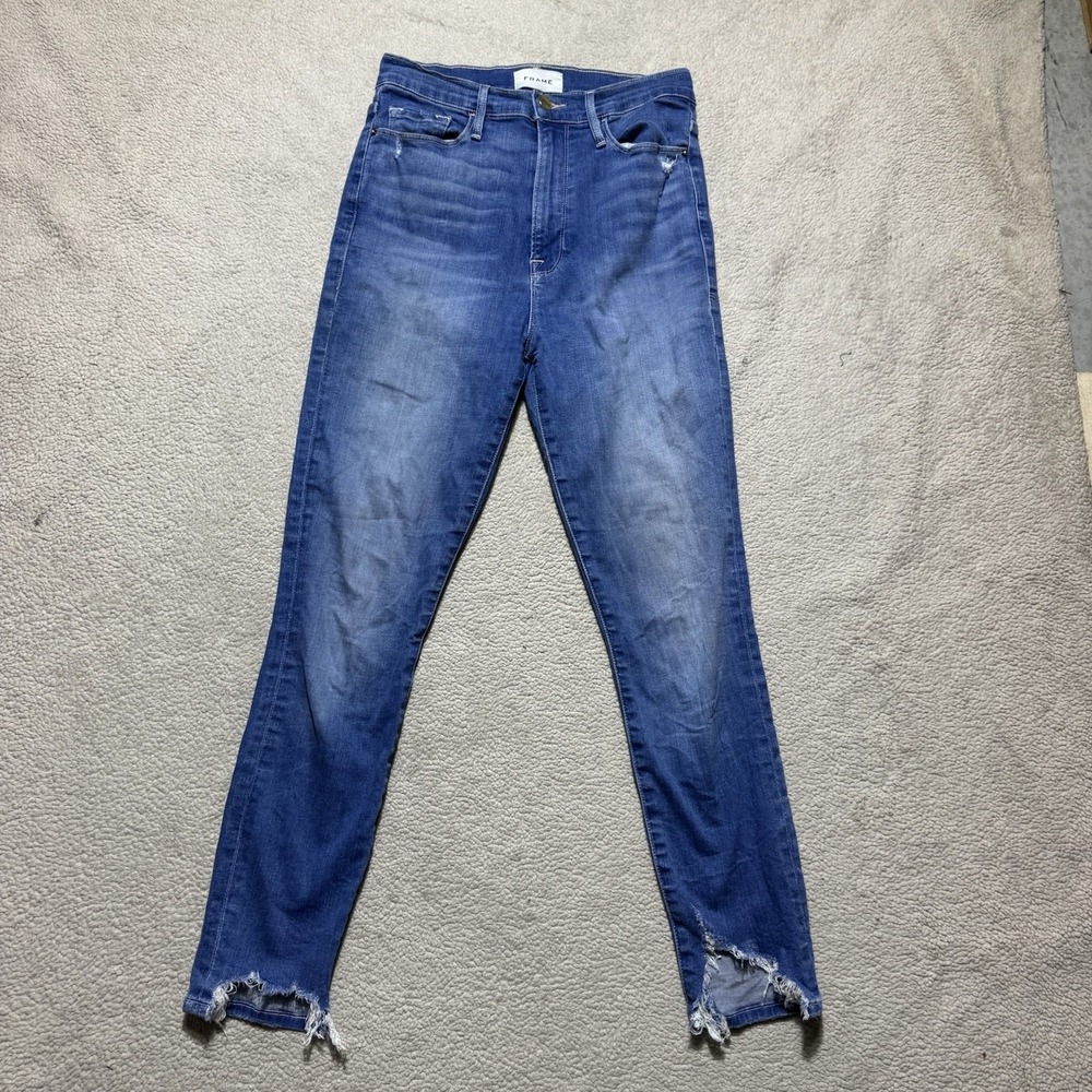 Frame Jeans Womens‎ 27 Ali High Rise Cigarette Blue Denim Distressed Hem 25x25.5
